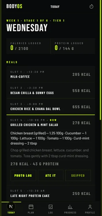 Today screen: live meal slots with exact macros, photo/ate-it/skip logging
