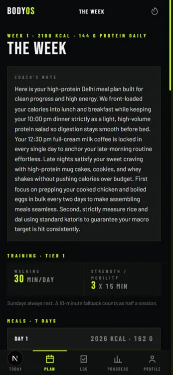 AI-generated weekly plan with a coach's note that reads human