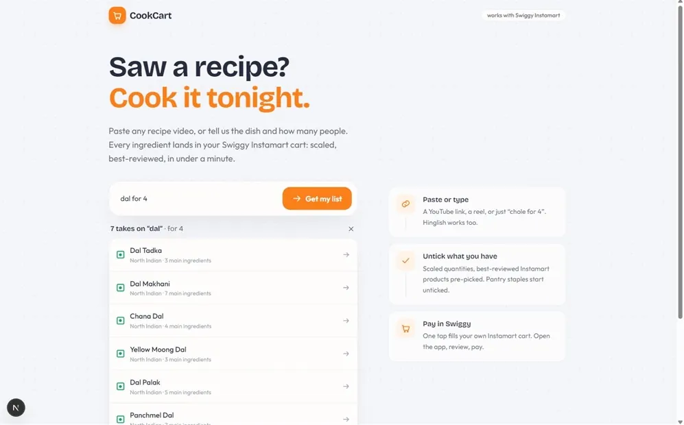 Landing: "Saw a recipe? Cook it tonight." with live 7-dal disambiguation
