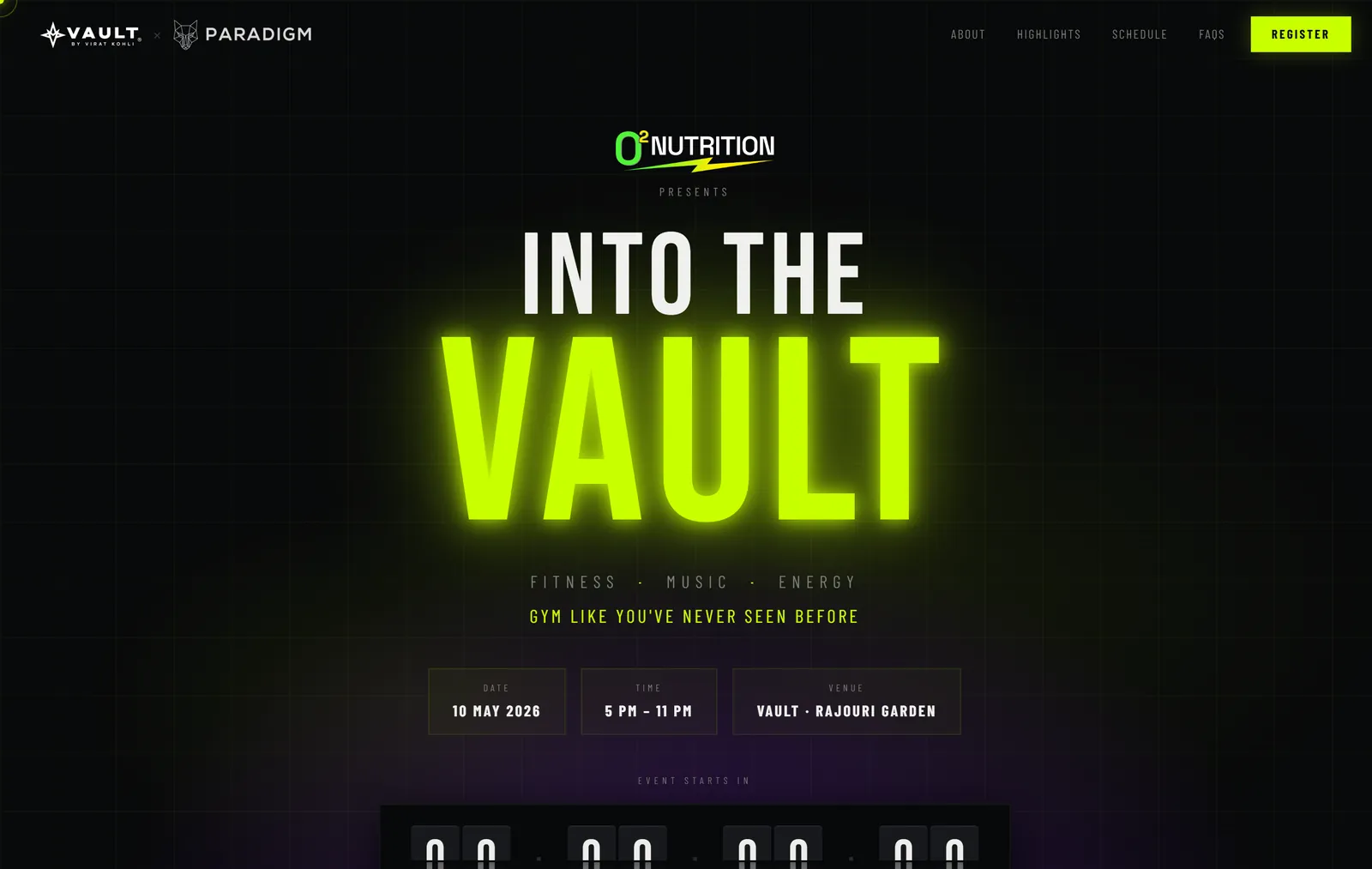 Event hero: "Into the Vault" in glowing acid-green over black, with date, time and venue tiles and a flip-clock countdown to doors