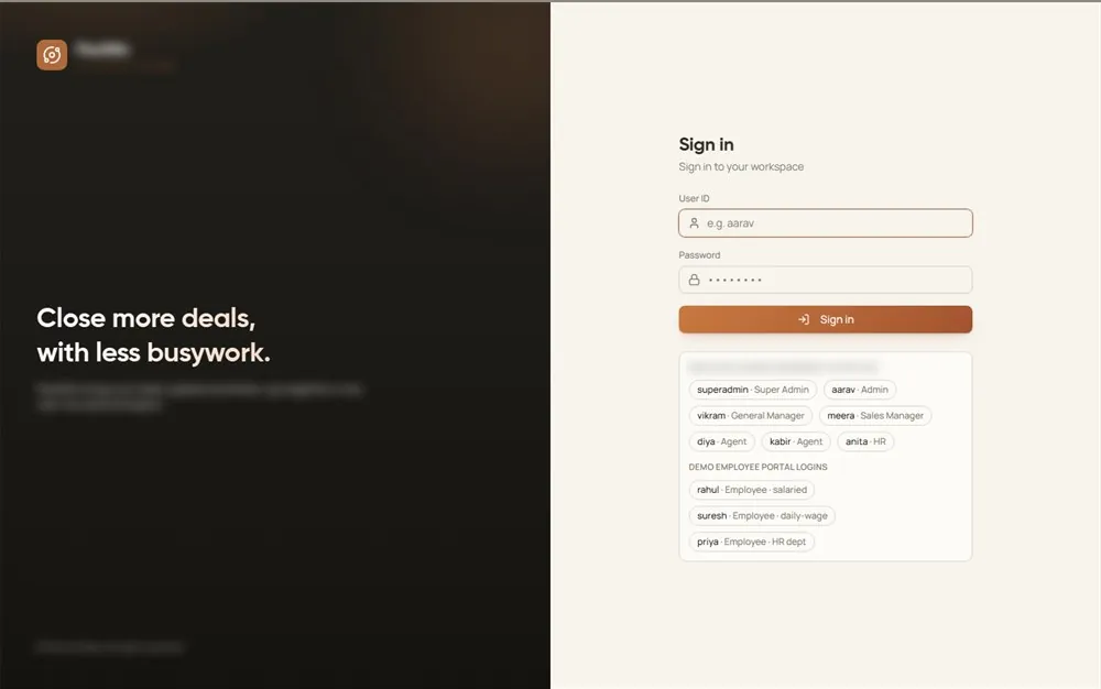 Sign-in, split screen: the product's promise at left, workspace login at right with demo roles from super admin down to agent and HR