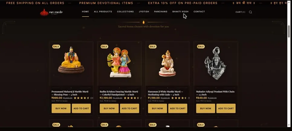 Product grid of marble murtis and pendants, each with rating, sale price and both Buy Now and Add to Cart