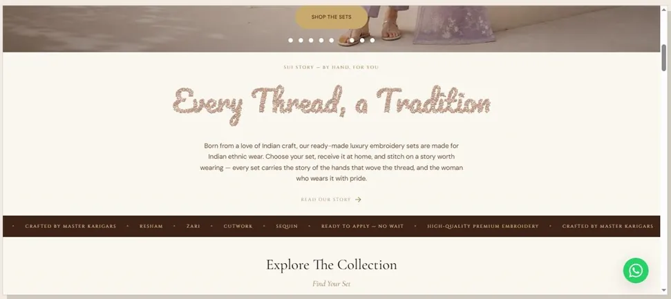 "Every Thread, a Tradition" brand-story block in embroidered script, over a craft marquee — master karigars, resham, zari, cutwork, sequin